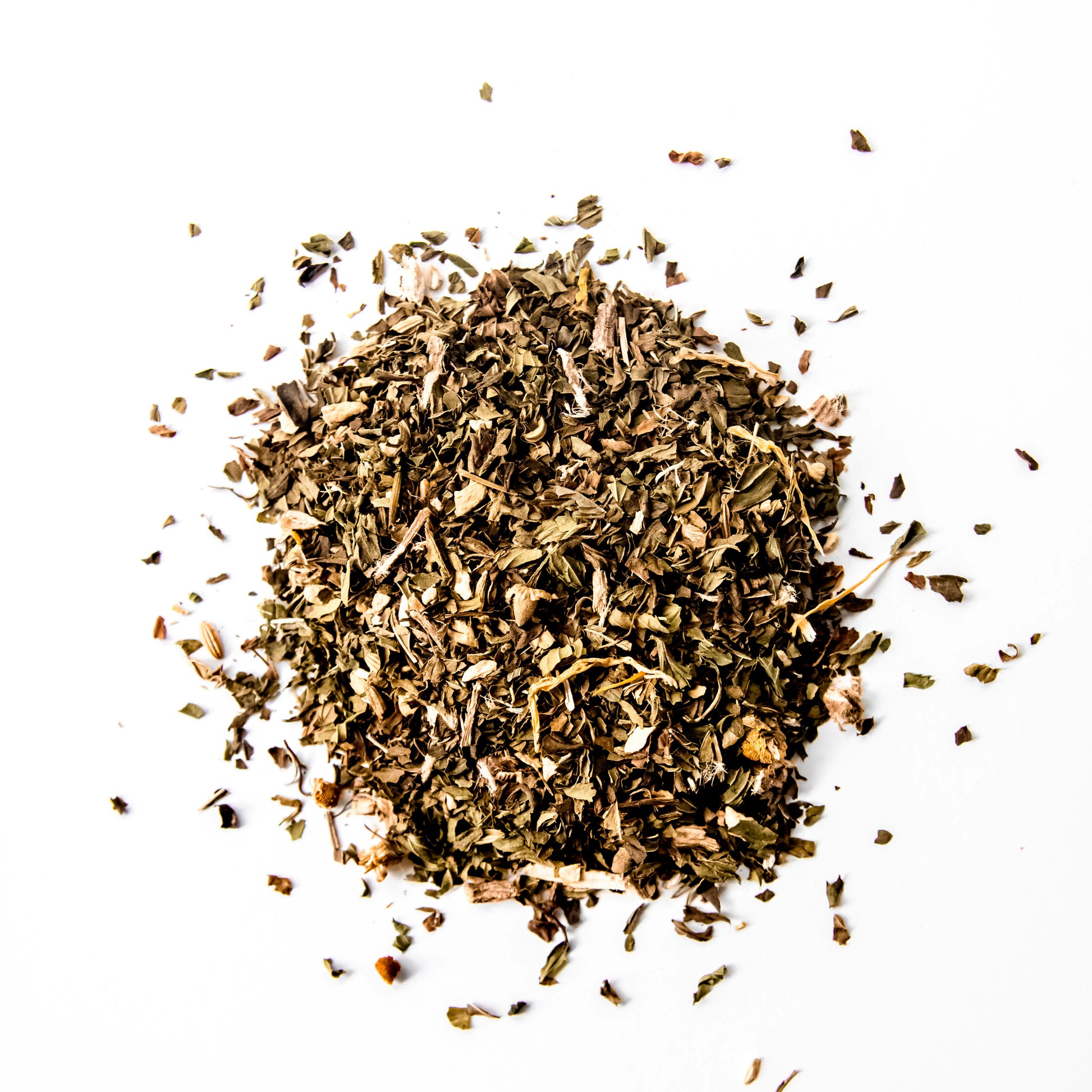 Loose leaf Tummy Bliss herbal tea from Yerba Buena Tea Co. A caffeine-free blend featuring organic peppermint, marshmallow root, chamomile, calendula, ginger, and fennel.