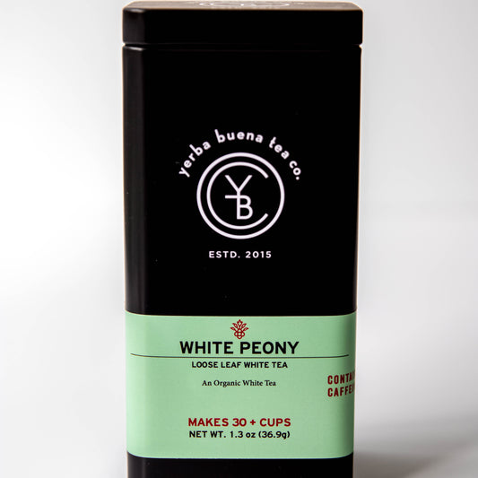 Yerba Buena Tea Co. White Peony loose-leaf tin. Organic white tea with delicate leaves.