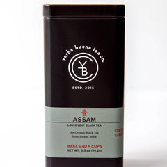 Assam loose leaf black tea in a sealed black canister with gray label band, by Yerba Buena Tea Company.