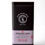 Bergamot Rose loose leaf black tea in a black canister with lavender label band, by Yerba Buena Tea Company.