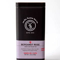 Bergamot Rose loose leaf black tea in a black canister with lavender label band, by Yerba Buena Tea Company.