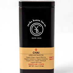Chai loose leaf black tea in a black metal canister with gold label band, by Yerba Buena Tea Company.