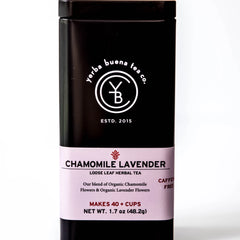 Chamomile Lavender loose leaf herbal tea in a black glass canister with lavender label, by Yerba Buena Tea Company.