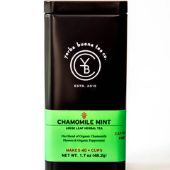 Chamomile Mint loose leaf herbal tea in a dark cylindrical canister with bright green label, by Yerba Buena Tea Company.