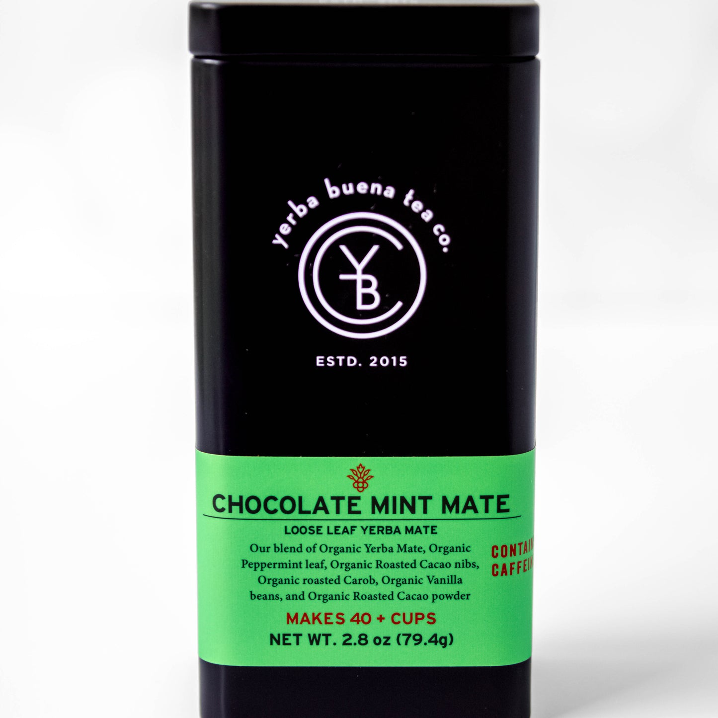 The Yerba Buena Tea Co. Chocolate Mint Mate tea tin, labeled with the blend’s name and ingredients, in a sleek black container with a green label. The text on the tin emphasizes that the blend is organic, contains caffeine, and makes 40+ cups, ideal for those seeking a flavorful and energizing tea experience.