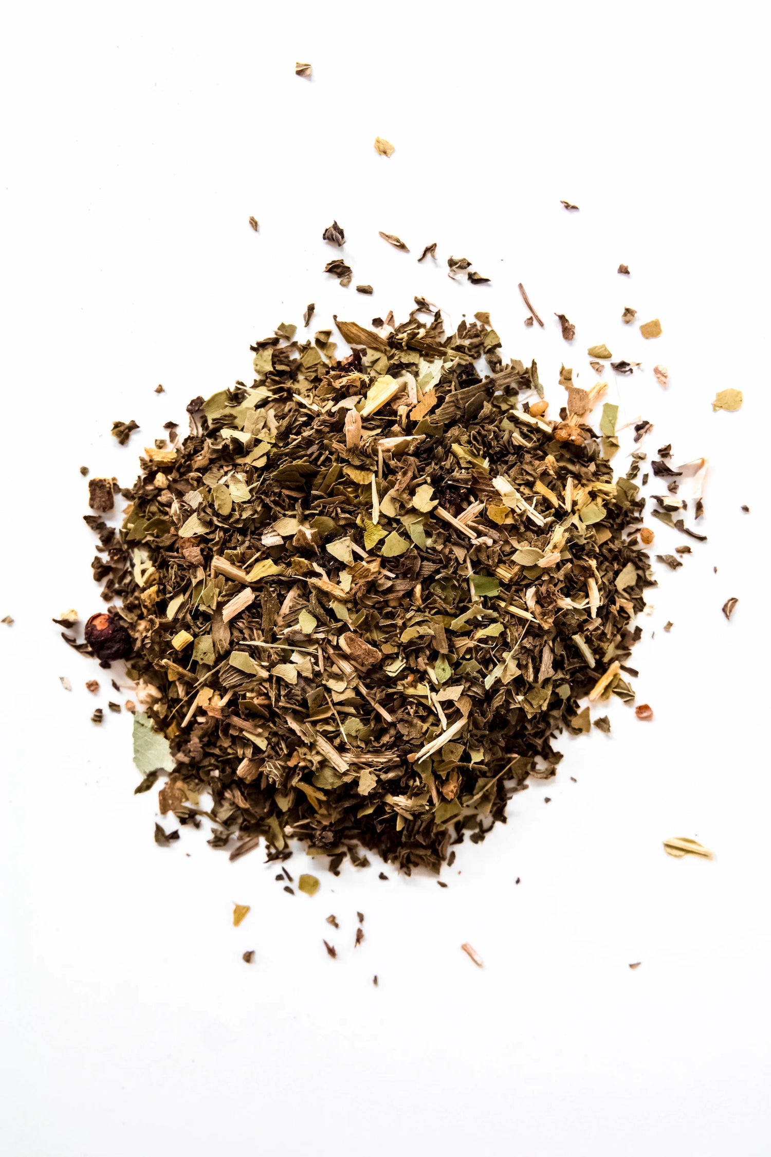 Loose leaf Clean Energy tea blend displayed on a white background, featuring organic yerba mate leaves mixed with peppermint, botanicals, and supporting herbs. A clean energy blend handcrafted in Oregon.