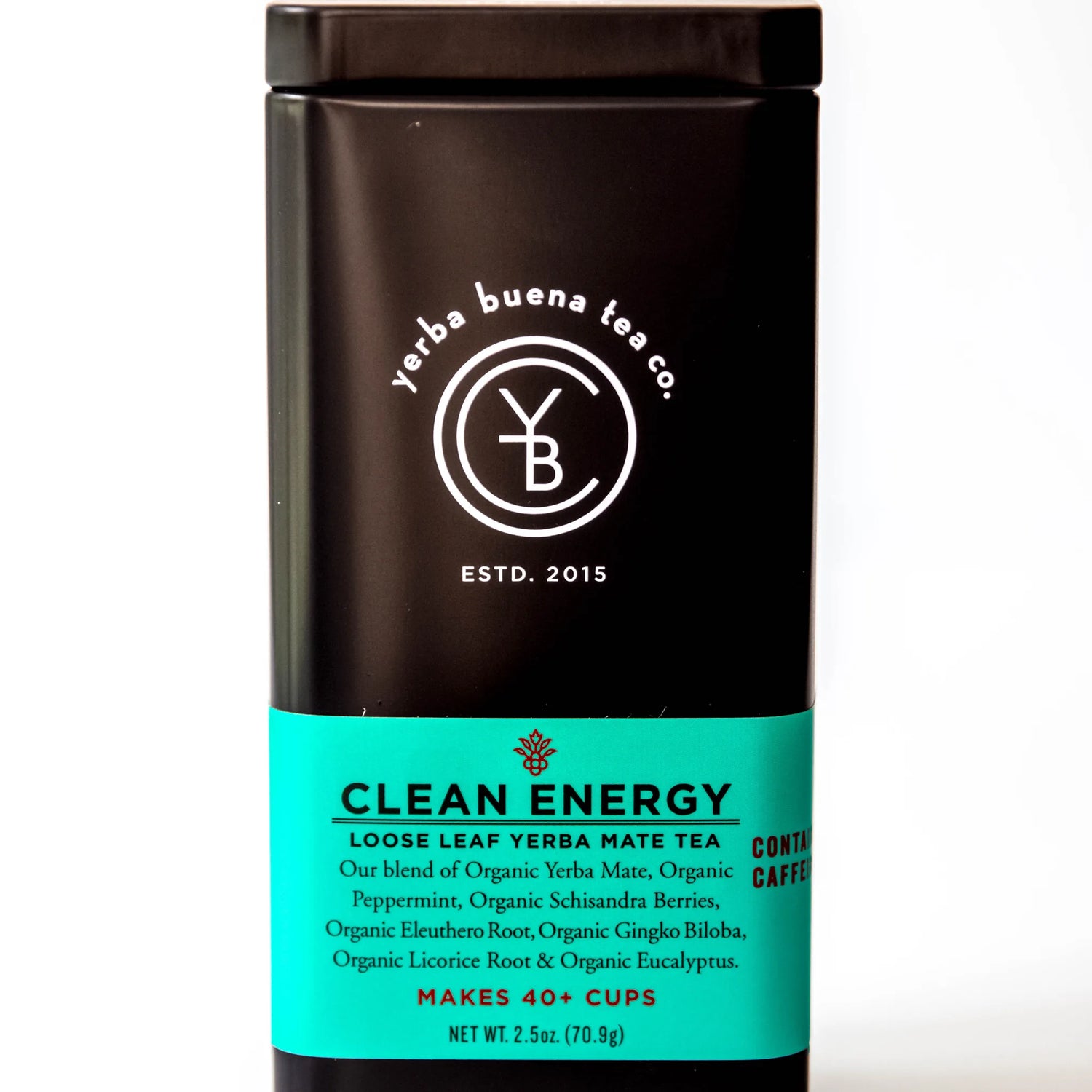 Clean Energy loose leaf yerba mate tea in dark canister with turquoise label band, by Yerba Buena Tea Company.