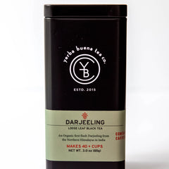 Darjeeling loose leaf black tea in sealed black canister with green label band, by Yerba Buena Tea Company.