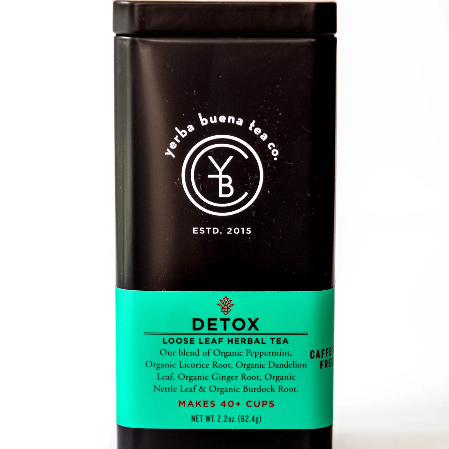 Detox loose leaf herbal tea in a black canister with turquoise label showing ingredients and brew count, by Yerba Buena Tea Company.