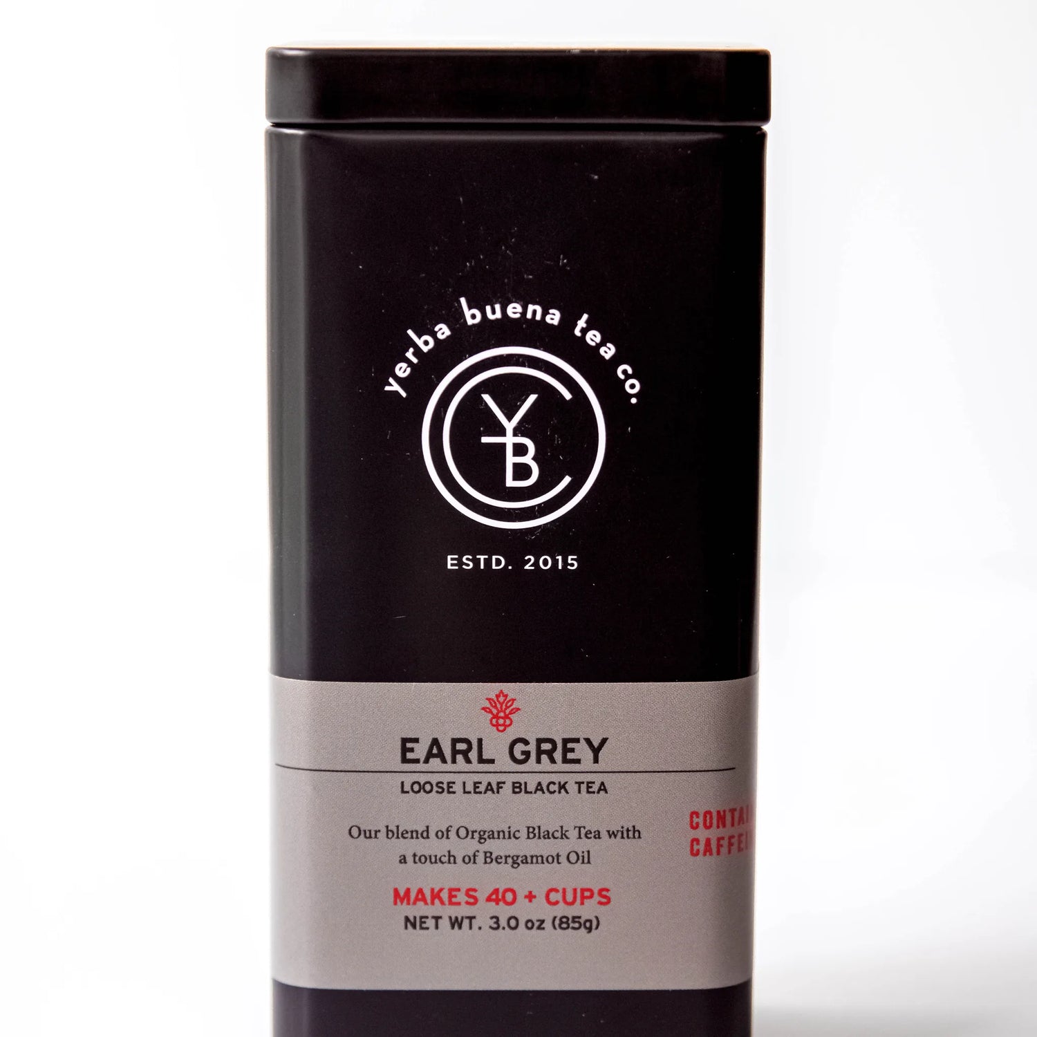Earl Grey loose leaf black tea in sealed black canister with tan label band, by Yerba Buena Tea Company.