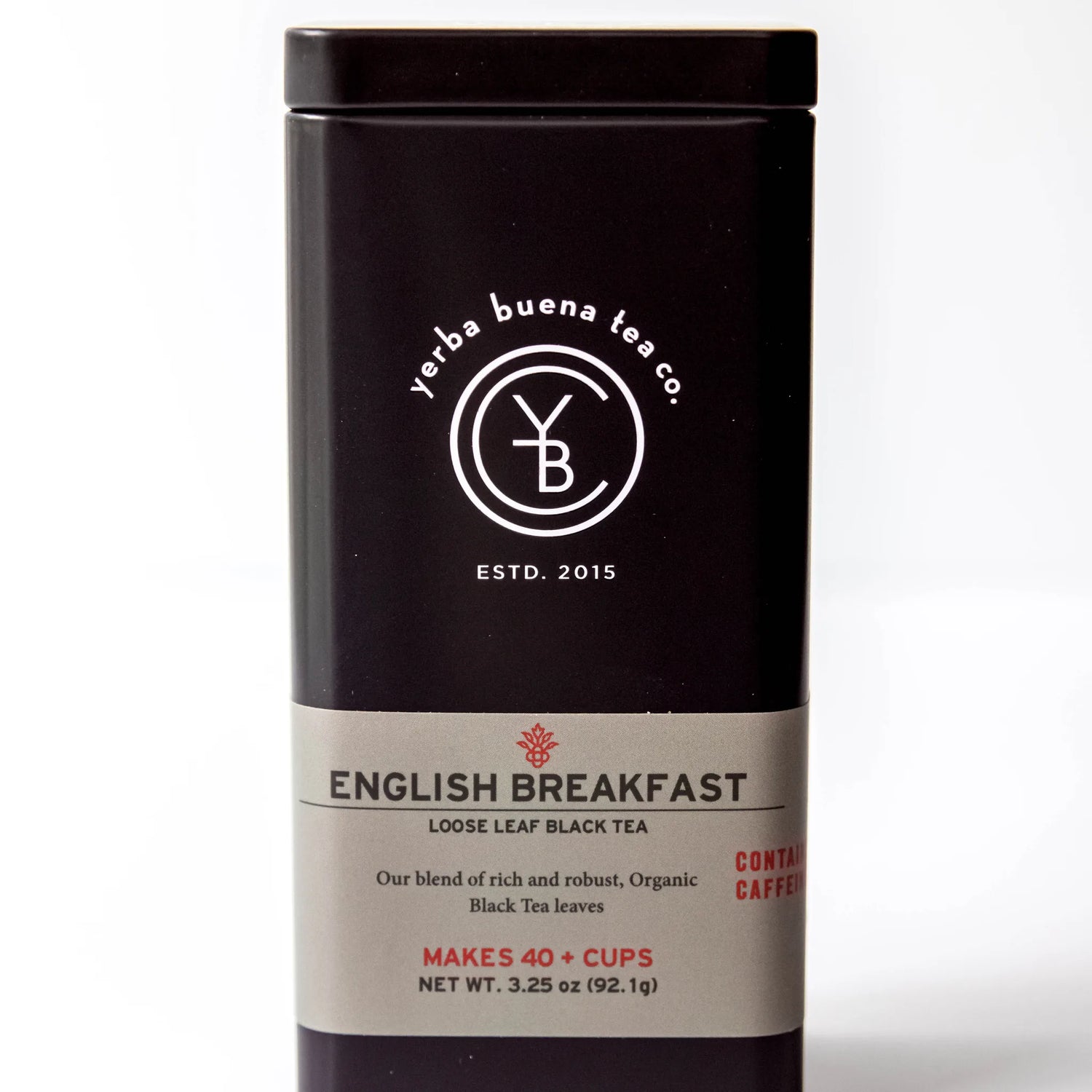 English Breakfast loose leaf black tea in sealed black canister with beige label, by Yerba Buena Tea Company.