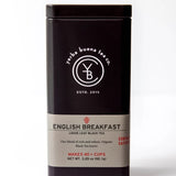 English Breakfast loose leaf black tea in sealed black canister with beige label, by Yerba Buena Tea Company.