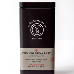 English Breakfast loose leaf black tea in sealed black canister with beige label, by Yerba Buena Tea Company.