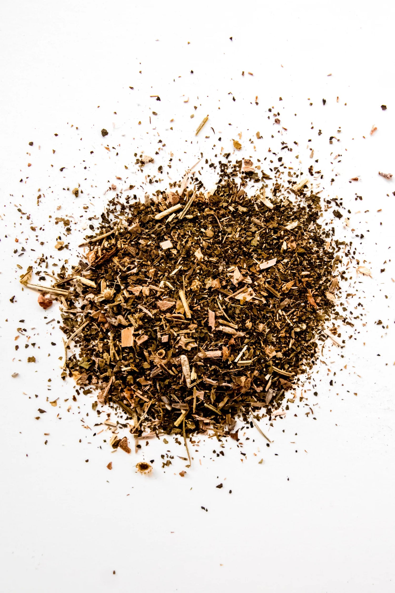 Loose leaf F-Migraines organic herbal tea displayed on a white background, featuring feverfew, nettle, willow bark, lavender flowers, rosemary, and sage. A caffeine-free herbal blend handcrafted in Oregon.