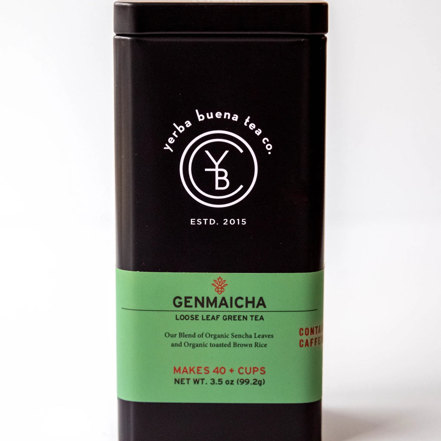 Genmaicha loose leaf green tea in black canister with green label band, by Yerba Buena Tea Company.