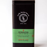 Genmaicha loose leaf green tea in black canister with green label band, by Yerba Buena Tea Company.