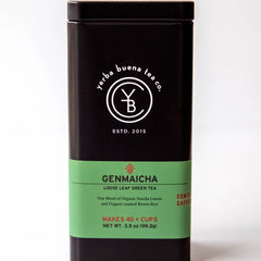 Genmaicha loose leaf green tea in black canister with green label band, by Yerba Buena Tea Company.