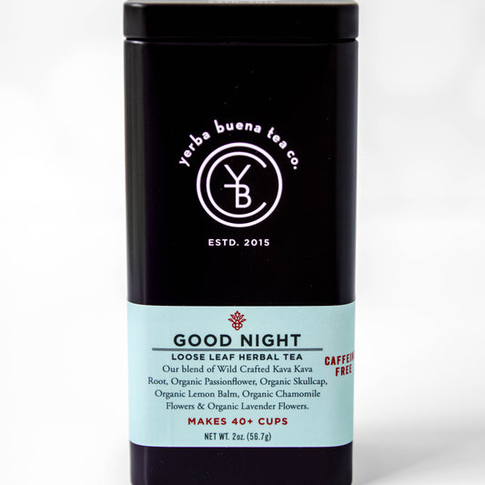 The Yerba Buena Tea Co. Good Night tea tin, labeled with the blend’s name and ingredients, in a sleek black container with a light blue label. The text on the tin emphasizes that the blend is organic, caffeine-free, and makes 40+ cups, perfect for those seeking a relaxing and restful tea.