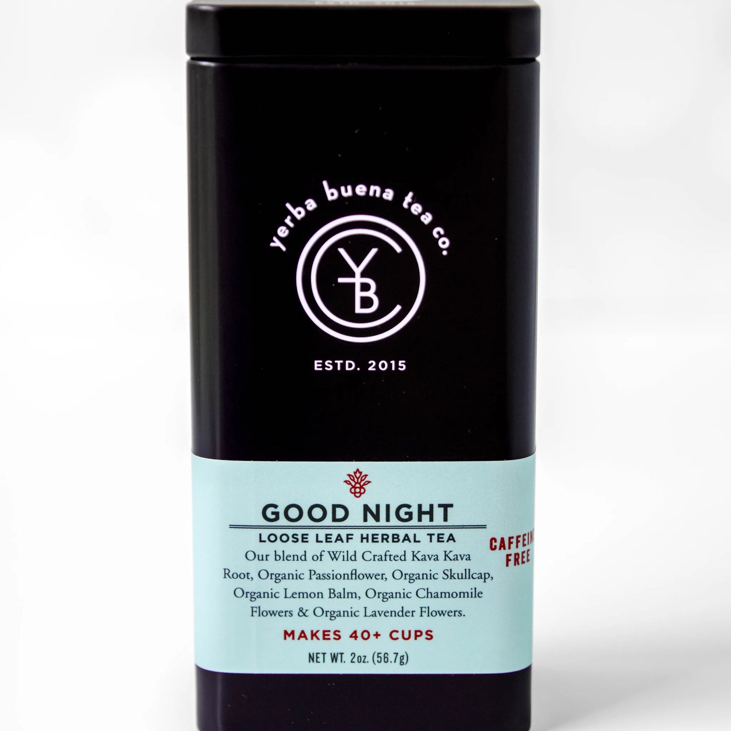 Good Night loose leaf herbal tea in a black cylindrical canister with light blue label, by Yerba Buena Tea Company.