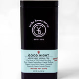 Good Night loose leaf herbal tea in a black cylindrical canister with light blue label, by Yerba Buena Tea Company.