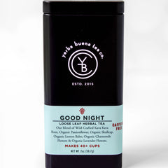Good Night loose leaf herbal tea in a black cylindrical canister with light blue label, by Yerba Buena Tea Company.