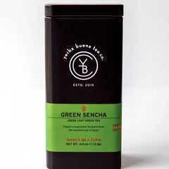 Green Sencha loose leaf green tea in a black cylindrical canister with bright green label, by Yerba Buena Tea Company.