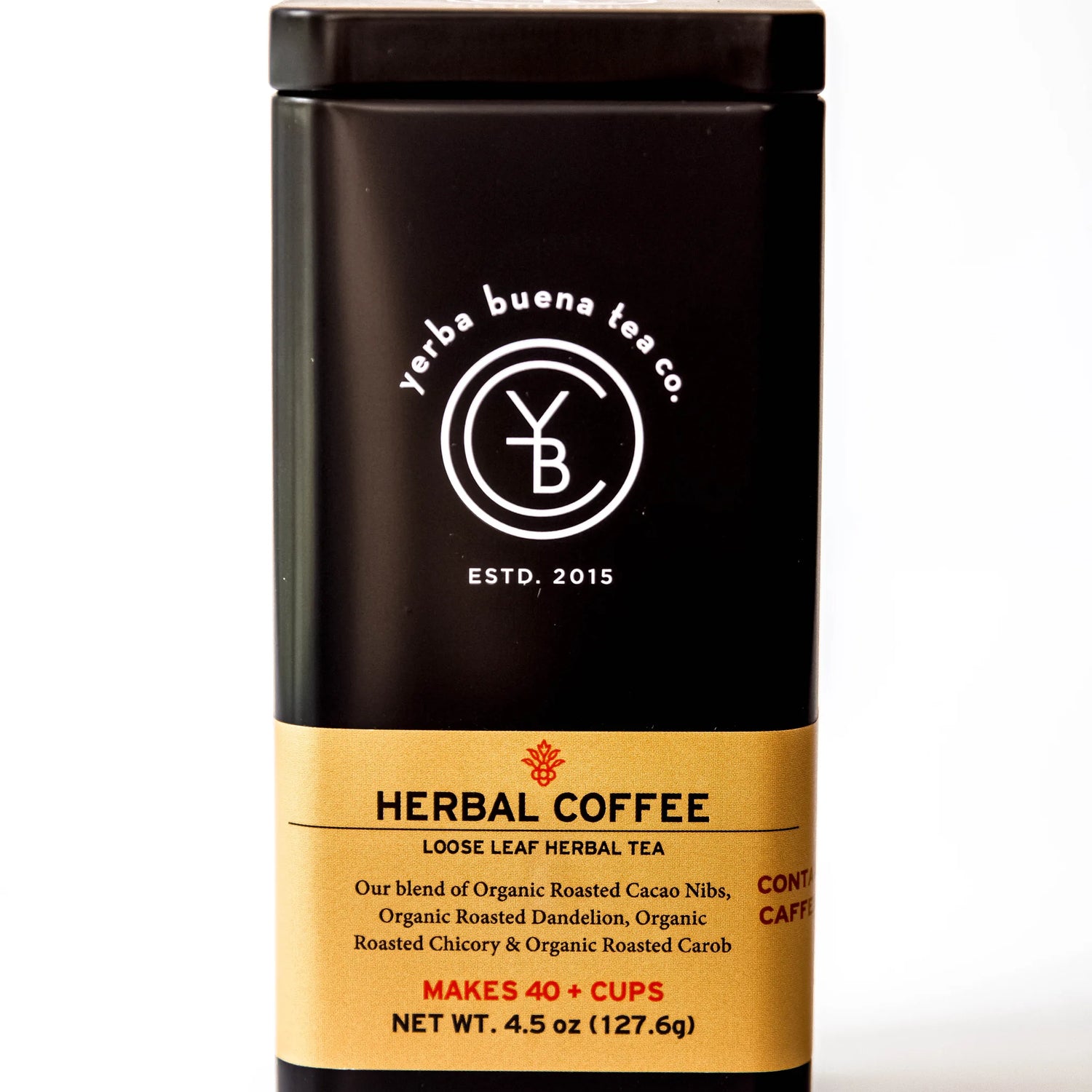 Herbal Coffee loose leaf herbal tea in black canister with gold label band, by Yerba Buena Tea Company.