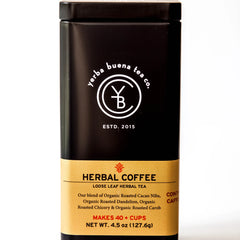 Herbal Coffee loose leaf herbal tea in black canister with gold label band, by Yerba Buena Tea Company.