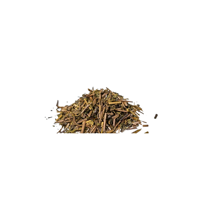 Roasted hojicha tea leaves, toasty low-caffeine Japanese loose leaf green tea, Yerba Buena Tea Co.