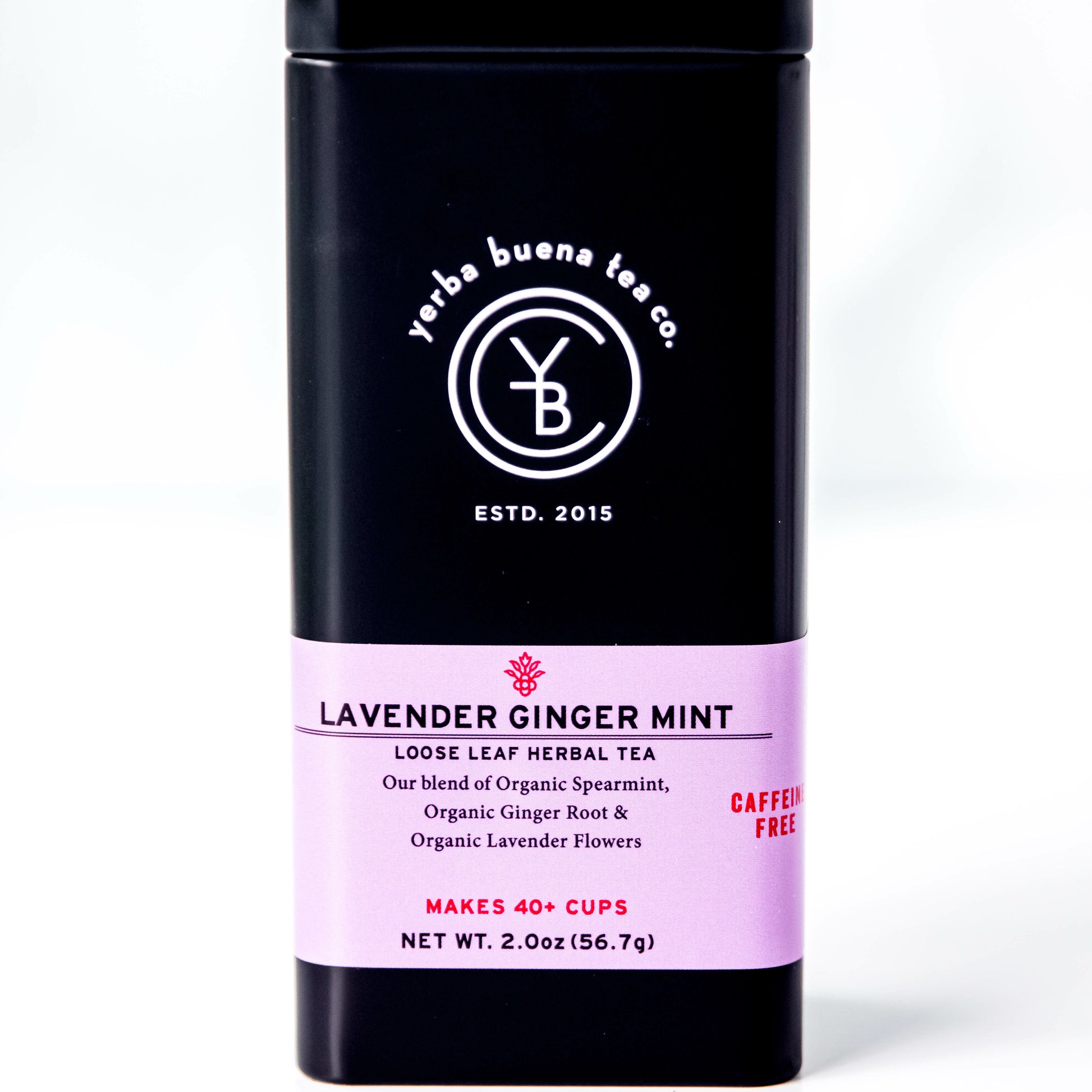 A black tin of Yerba Buena Tea Co.'s Lavender Ginger Mint loose leaf herbal tea, labeled as caffeine-free and made with organic spearmint, ginger root, and lavender flowers, on a white background.