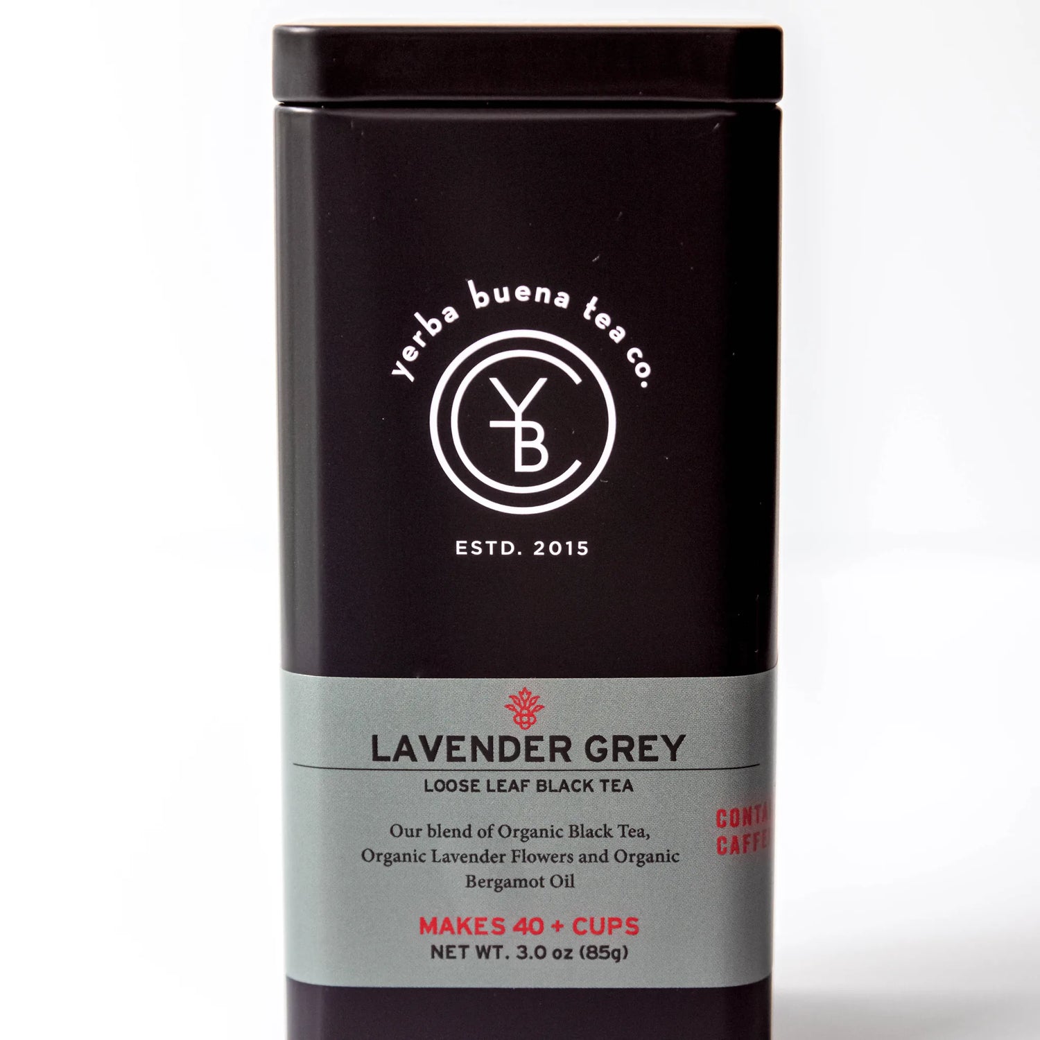 Lavender Grey loose leaf black tea in a sealed black canister with gray label band, by Yerba Buena Tea Company.