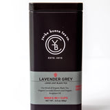 Lavender Grey loose leaf black tea in a sealed black canister with gray label band, by Yerba Buena Tea Company.
