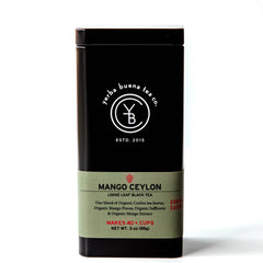 Mango Ceylon loose leaf black tea in a black canister with sage green label band, by Yerba Buena Tea Company.