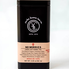 No Worries loose leaf herbal tea in a black cylindrical canister with cream label, by Yerba Buena Tea Company.