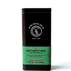 Northwest Mint loose leaf herbal tea in black canister with green label band, by Yerba Buena Tea Company.