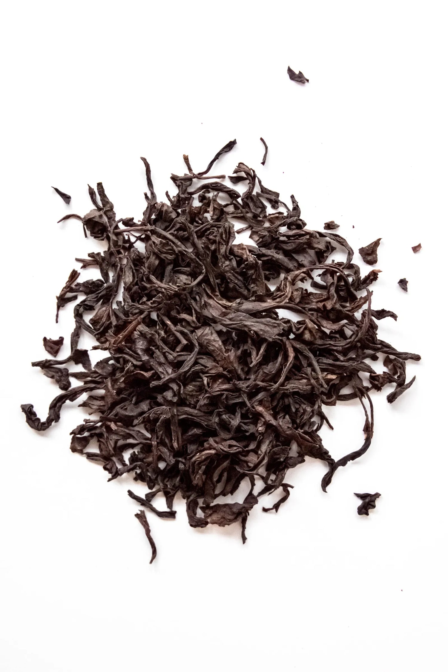 Loose leaf Oolong organic oolong tea displayed on a white background, featuring partially oxidized tea leaves with twisted, dark brown appearance. A classic loose leaf oolong tea handcrafted in Oregon.