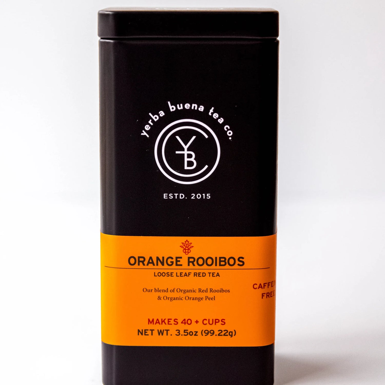 Orange Rooibos loose leaf red tea in a black cylindrical canister with orange label, by Yerba Buena Tea Company.