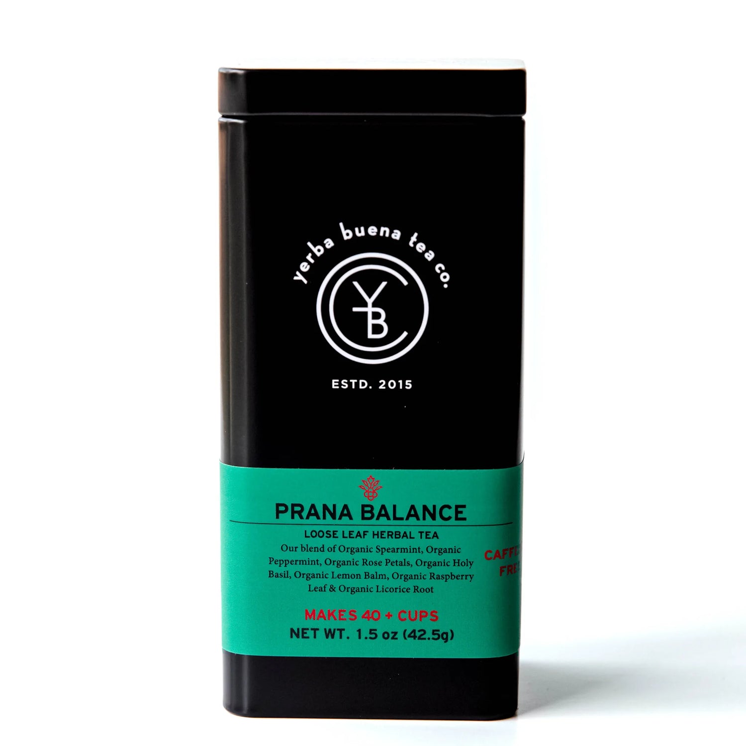 Prana Balance loose leaf herbal tea in a black canister with turquoise label band, by Yerba Buena Tea Company.