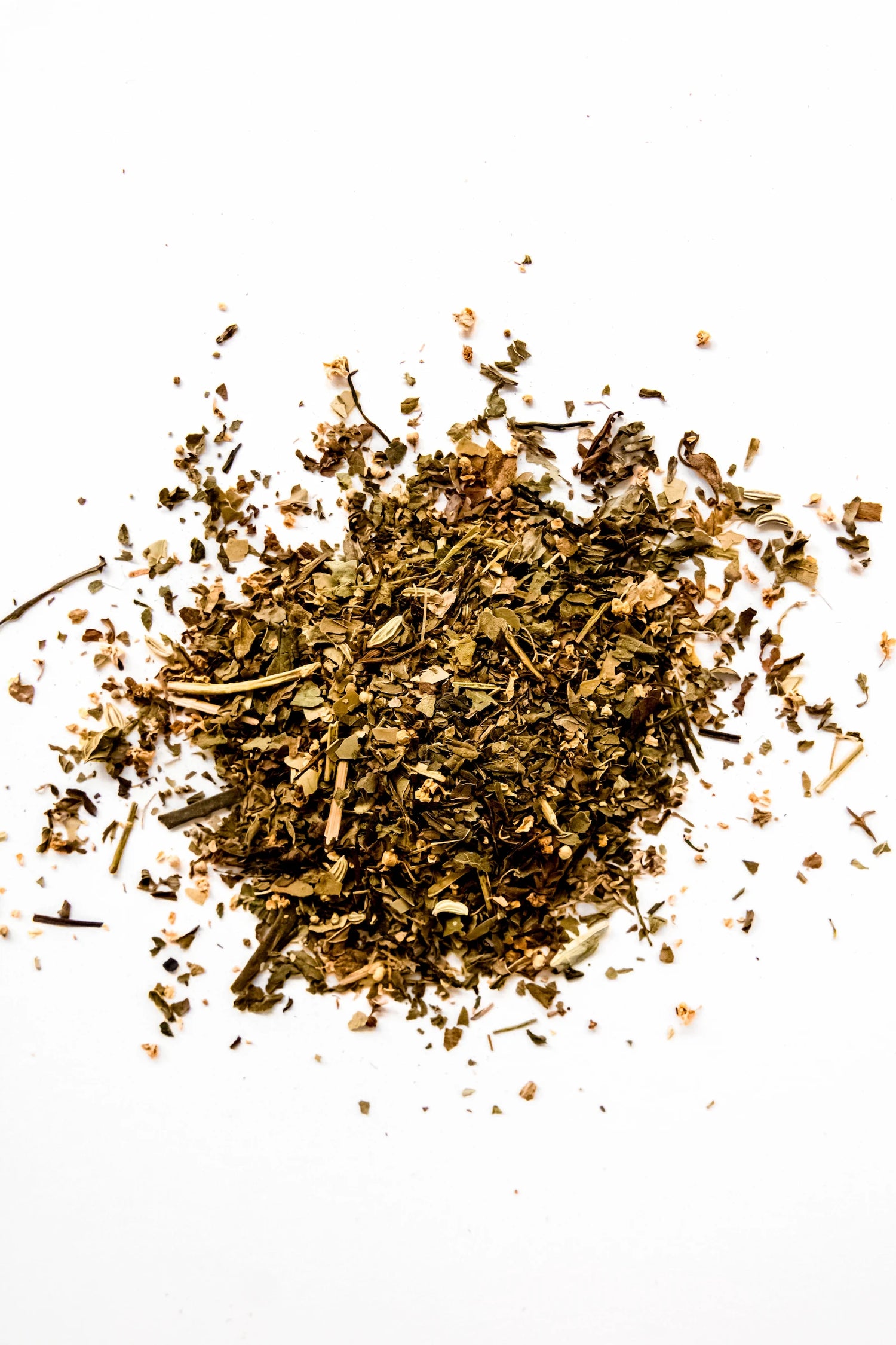 Loose leaf Slim Mint organic green tea displayed on a white background, featuring green tea leaves blended with spearmint, dandelion, hojicha green tea, yerba mate, rosemary, fennel, and sage. A mint-forward green tea blend handcrafted in Oregon.