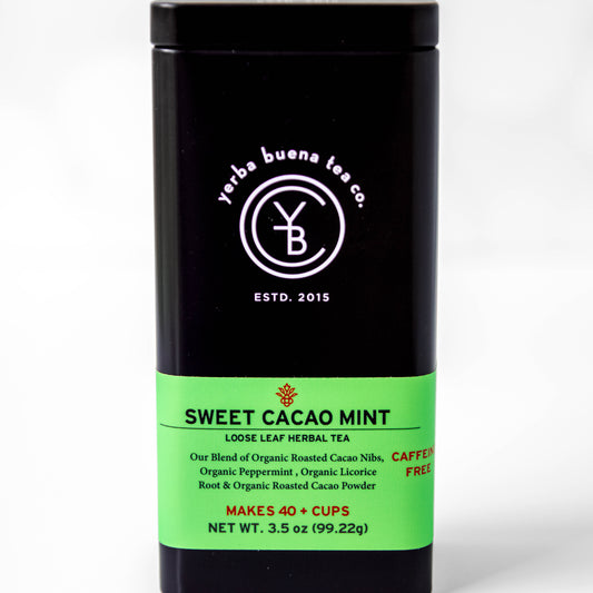 The Yerba Buena Tea Co. Sweet Cacao Mint tea tin, showcasing the blend’s name and ingredients on a sleek black container with a green label. The text on the tin emphasizes that the blend is organic, caffeine-free, and makes 40+ cups, ideal for chocolate and mint lovers.