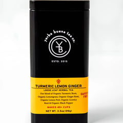 Turmeric Lemon Ginger loose leaf herbal tea in black canister with yellow label, by Yerba Buena Tea Company.