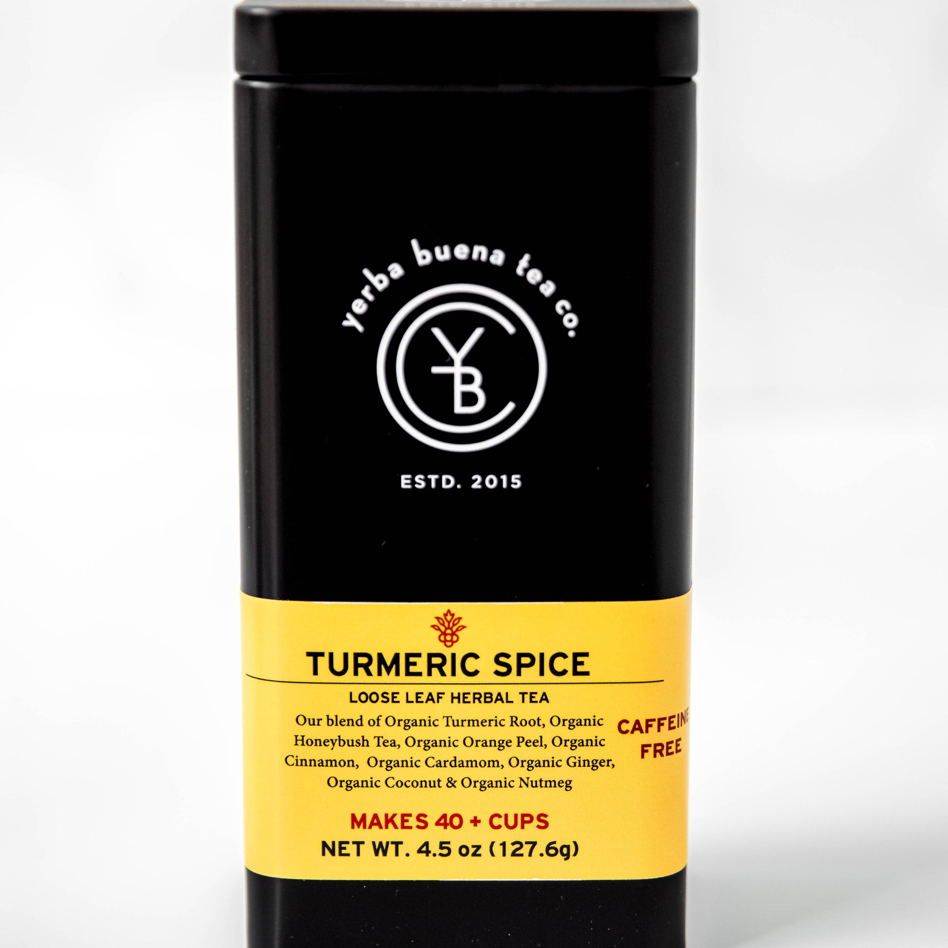 The Yerba Buena Tea Co. Turmeric Spice tea tin, labeled with the blend’s name and ingredients, in a sleek black container with a yellow label. The text on the tin emphasizes that the blend is organic, caffeine-free, and makes 40+ cups, perfect for health-conscious tea enthusiasts.