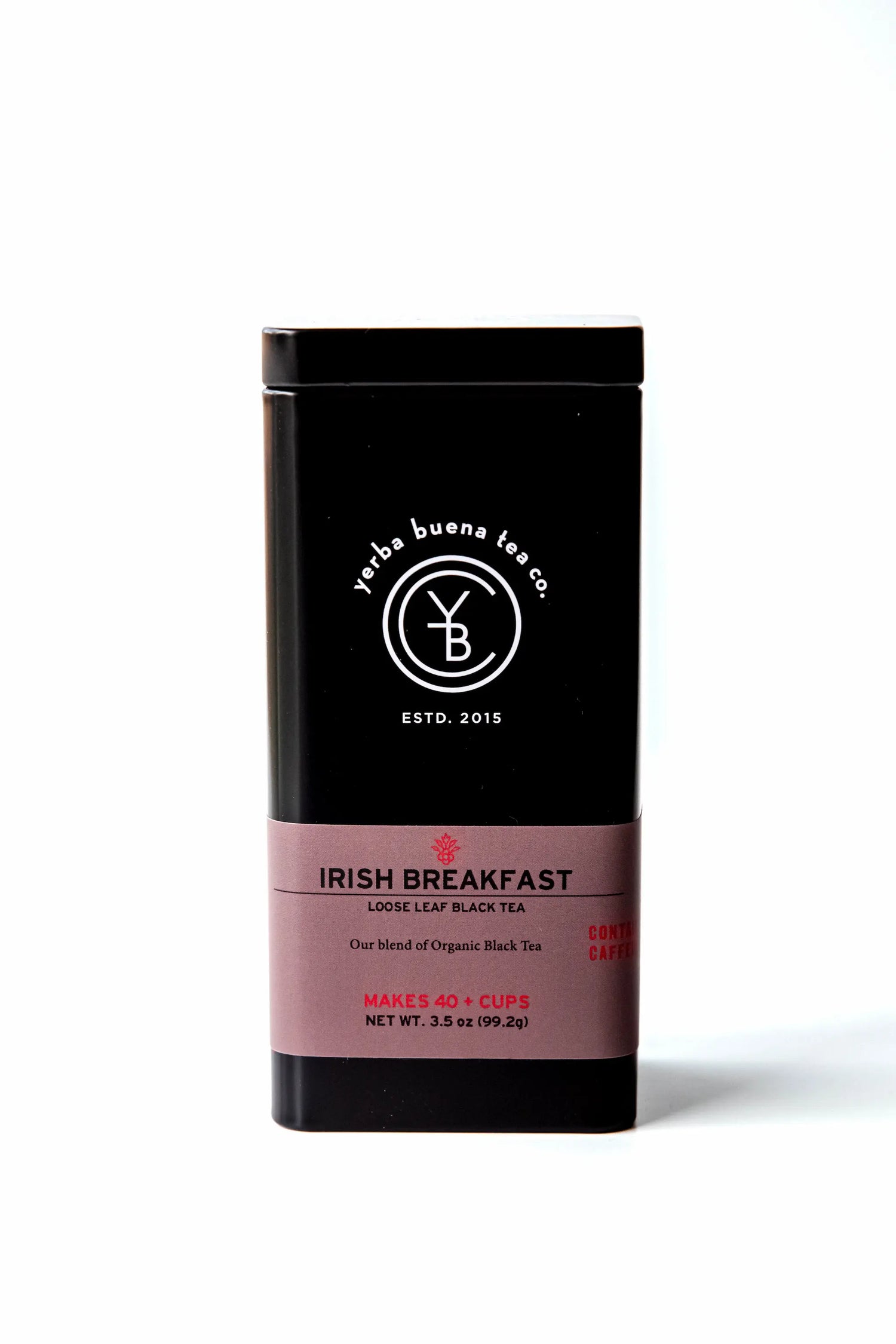 Front view of the signature black Yerba Buena Tea Co. tea tin for Irish Breakfast organic loose leaf black tea, featuring a dusty rose label with product details.