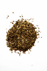 A close-up top-down view of Yerba Buena Tea Co. Northwest Mint loose leaf herbal tea, showing a pile of dried organic peppermint and spearmint leaves on a white surface.