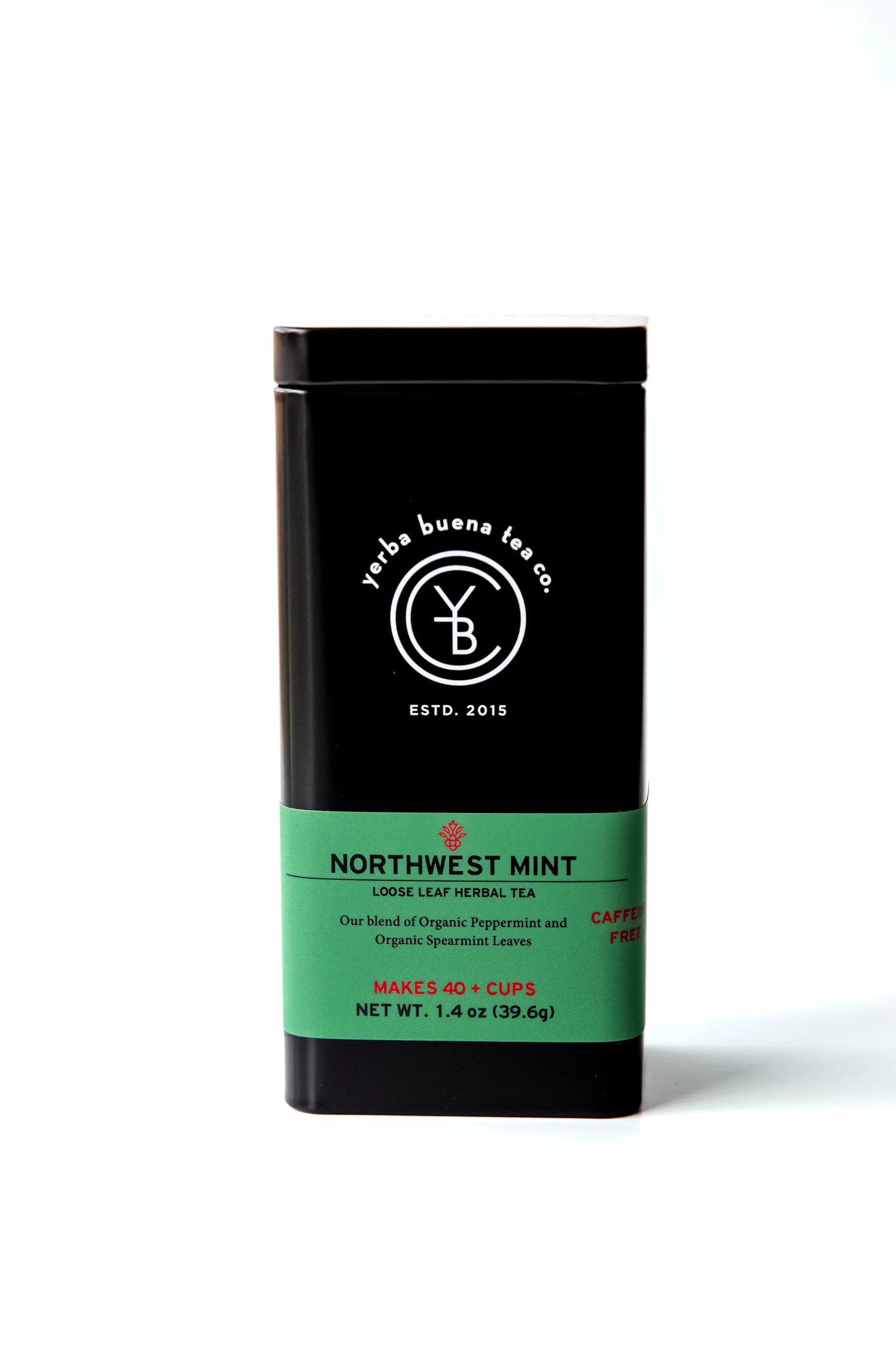 Front view of the signature black Yerba Buena Tea Co. tea tin for Northwest Mint organic herbal tea, featuring a bright green label highlighting the peppermint and spearmint blend.